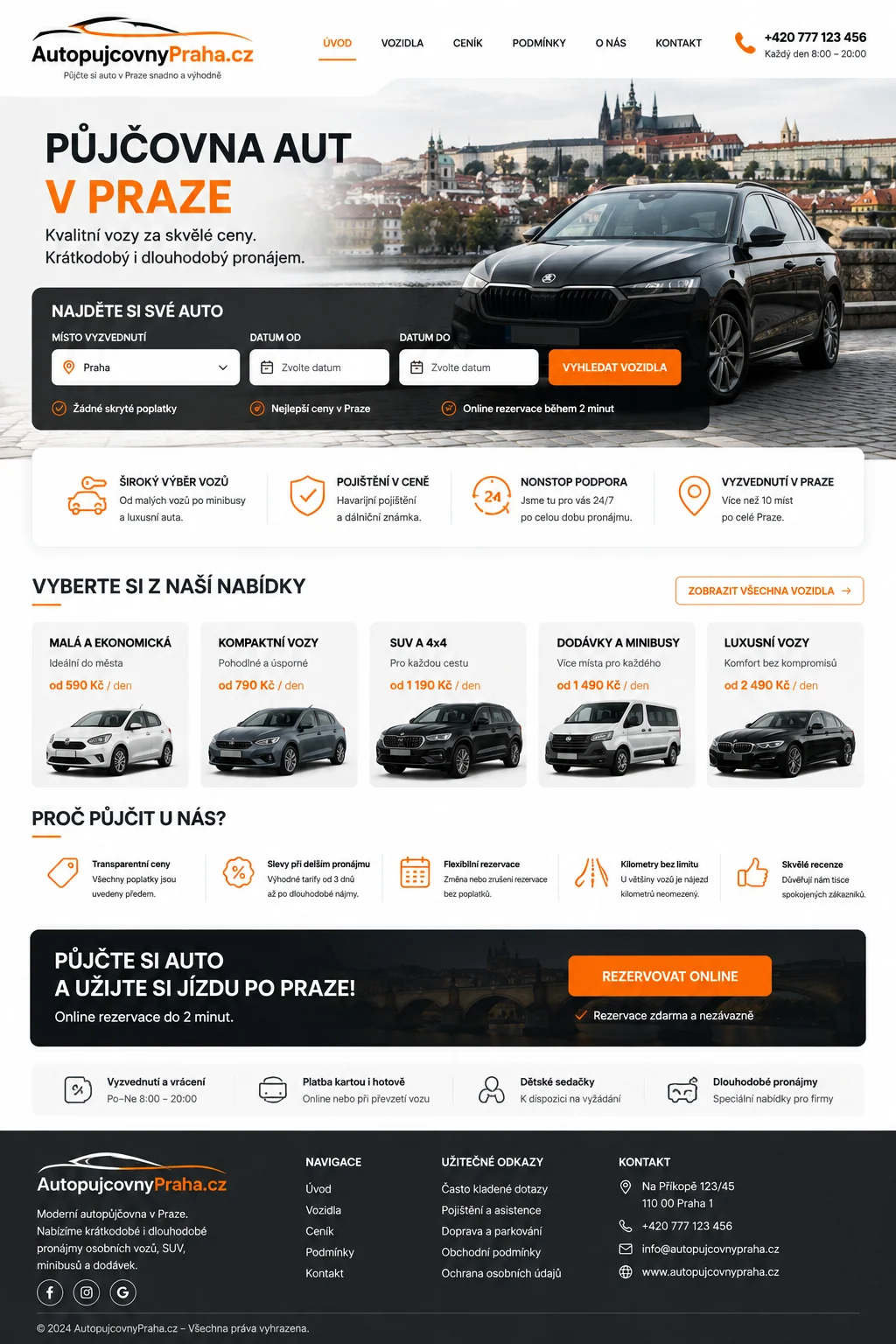 Ilustrační návrh AutopujcovnyPraha.cz s online rezervací a nabídkou vozidel